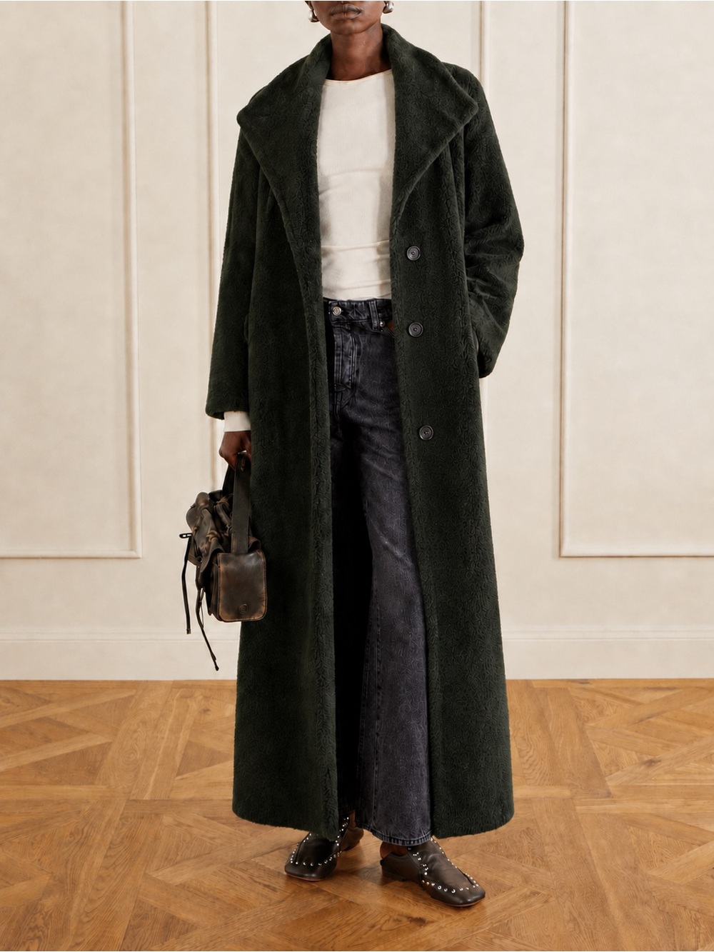 Cinzia Rocca Piacenza Baby Llama Wool Teddy Fuzzy Maxi Coat Green Italy Sz 12